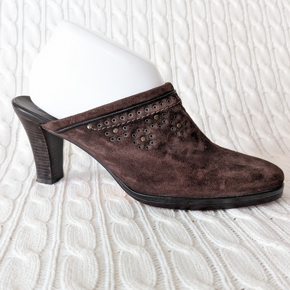 Cole Haan Leather Mules Slip On Heels Shoes 9 Brown Studded‎ Grommets - Picture 3 of 14